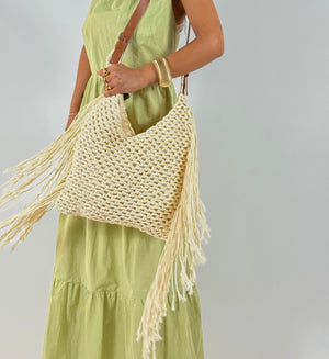 Borsa Paglia Frange Panna