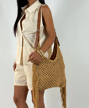Borsa Paglia Frange Camel